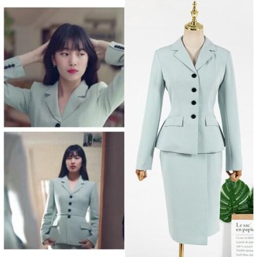 Kpop Korean Celebrity office elegant long sleeved Jacket blazers coat+High waist Knee-length slim skirts women two piece outfits