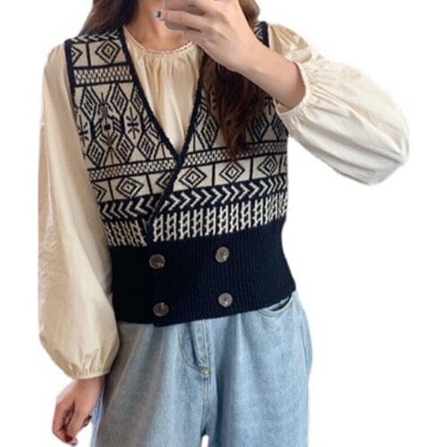 2021 Autumn New Korean Fashion Women Print V-Neck Knitted Vest Sweater Female Slim Short Double Breasted Waistcoat Chic Tops