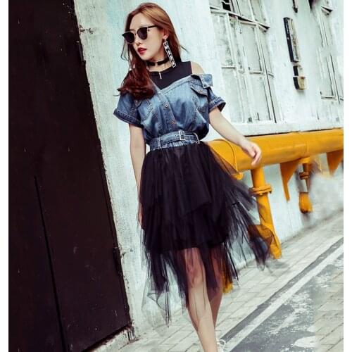 Summer Splice Strapless Dress Women Gauze Denim Short Sleeves Dresses Spring Fashion High Waist O-neck Mid-length A-line Dress