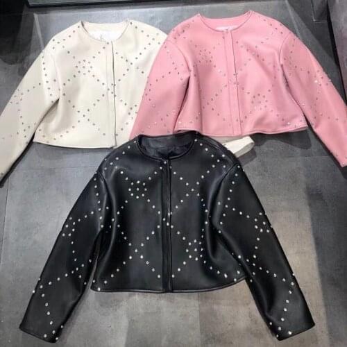 Woman Coats 100% Natural Sheepskin Leather Rivet Fashion Real Sheepskin Leather Coat Female Motorcycle Genuine Leather Overcoat