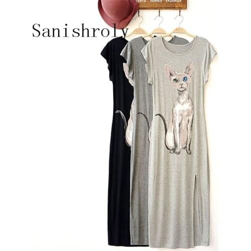 Sanishroly 2018 Women Summer Long Maxi Dress Modal Cat Print Dresses Female Short Sleeve Split Boho Beach Dress Vestidos SE066