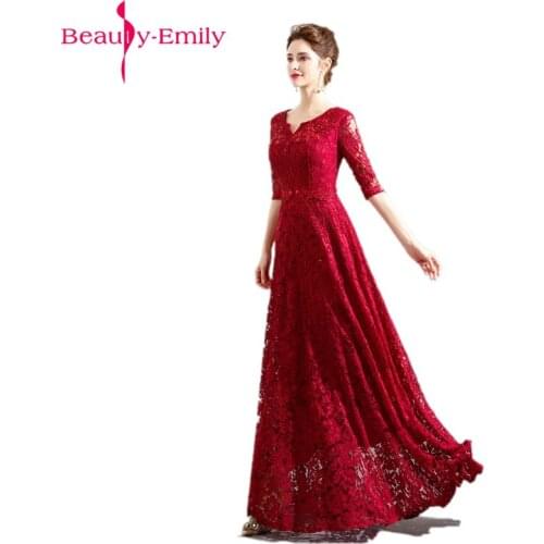 Beauty Emily Custom-made Long Red Lace Evening Dresses 2020 V-Neck A-line Short Sleeve Zipper Bride Dresses Party Prom Dresses