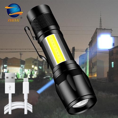 ZHIYU Portable LED Flashlight T6 COB USB Rechargeable Light with Pen Clips 3 Modes Zoomable Torch Lamps Camping Working Lights