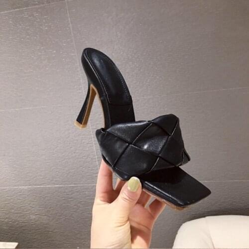 Sexy Women High Heel Slippers Open Square Toe Nude Leather Summer Mules Shoes Woman Cross Weaving Sandals Ladies Shoes 35-41