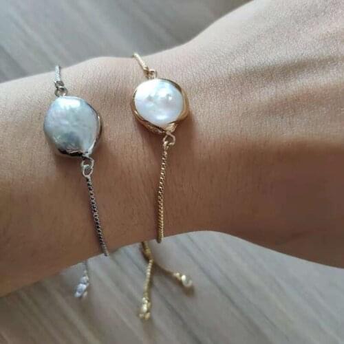 5pcs/lot big natural freshwater pearl bead gold frame link chain rubber adjustable chic bracelets for women wedding jewelry