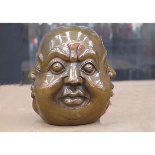 China folk Bronze Copper happy or angry sad or joyous 4 face buddha head St Joys and sorrows Four-sided figure sculpture