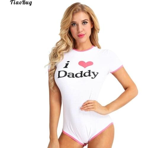 TiaoBug Women Lady Adult I Love Daddy Pattern Short Sleeve Press Button Crotch Cotton Romper Jumpsuit Bodysuit Cosplay Sleepwear