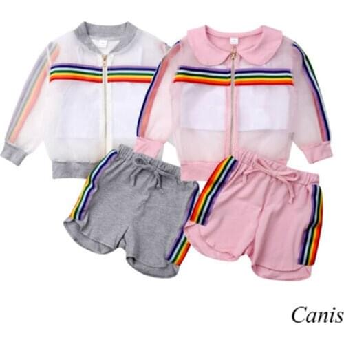 Toddler Kids Baby Girl Rainbow Striped Clothes Set Baby Girls Summer Mesh Sheer Coat+Vest+Pants Vest Outfit 3Pcs UV Sunsuit Set
