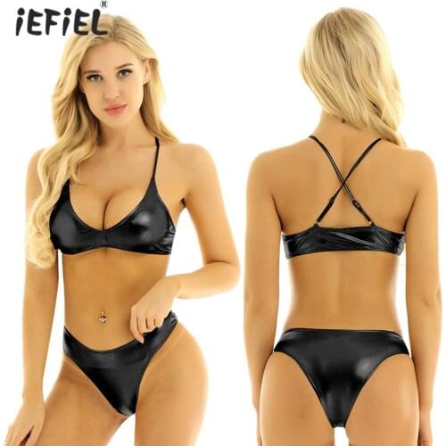 2Pcs Women Lingerie Shiny Metallic Micro Bikini Swimsuit Exotic Set Underwear Sleeveless Strappy Cross Back Crop Top with Briefs