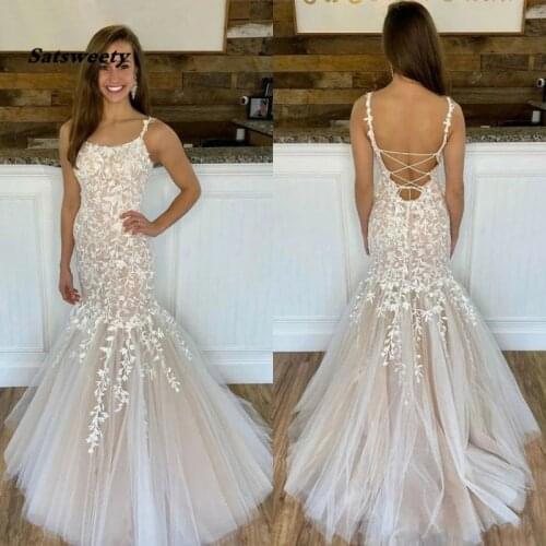 Lace Mermaid Wedding Dresses Spaghetti Straps Corset Back Appliques Arabic Bridal Gowns Sweep Train Vestido De Festa