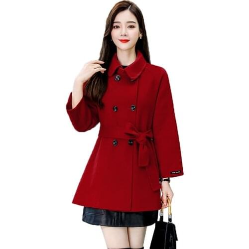 New Autumn Winter Fashion Womens Wool Coat Lapel Belt Casual elegant Woolen Outwear woman Double breasted jacket Coat Top R648