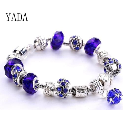 YADA Trendy Blue Flower cuff Bracelets&Bangles For Women Silver color heart Bracelets Charm Friendship Crystal Bracelet BT200178