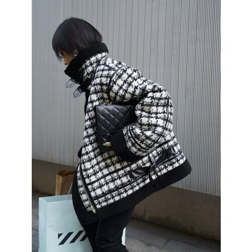 2020 New Fashion Women Winter Thicken Jacket Houndstooth Down Cotton Coat Ladies All-match Warm Outwear Faux lamb wool Coat