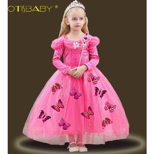 New Winter Sleeping Beauty Princess Aurora Dresses for Girls Kids Christmas Long Sleeve Tutu Dress for Wedding Children Clothing