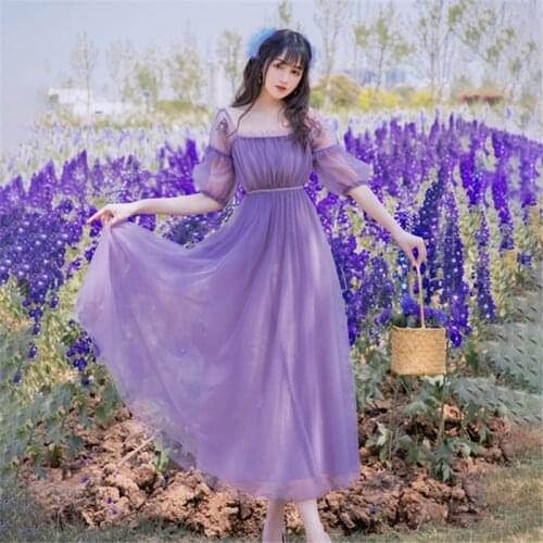 Purple Gentle Fairy Dress Women Summer French Retro Square Neck Ruffled Elegant Chic Flower Embroidery Temperament Mesh Vestido