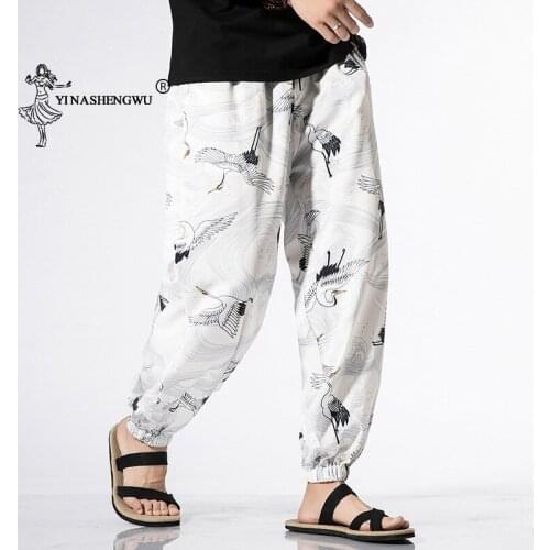 Print Pants Japanese Kimono Traditional Haori Pants Asian Costume Beach Casual Loose Long Pants Japan Style Men Kimono Yukata