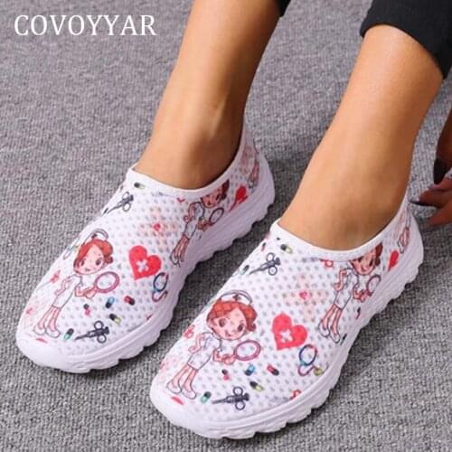 COVOYYAR Dental Shoes Women Loafers Platform Sneakers Wedges Slip-on Cute Mesh Breathable Nurse Casual Shoes White Flats WSN451