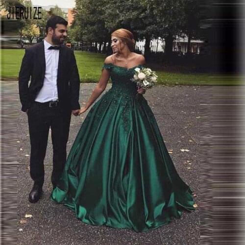 JIERUIZE Dark Green Wedding Dresses Off Shoulder Appliques A Line Princess Bridal Dresses Satin Wedding Gowns vestido de noiva