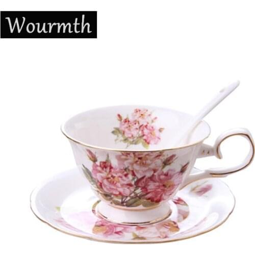 Wourmth European Ceramic Cup Saucer Set Afternoon Flower Tea Cup 210ml White Porcelain Coffee Cup With Spoon Cafe Drinkware