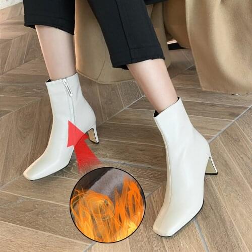 Plus Size 34-43 High Quality Women Ankle Boots Zip Square Toe Footwear Genuine Leather High Heels Female Boots Party Shoes Women