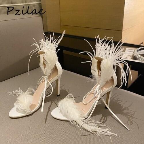 Pzilae New Sexy White Black Feather Sandals For Women Thin High Heels Lace Up Dance Shoes ladies Sandals Party Pumps Size 35-42