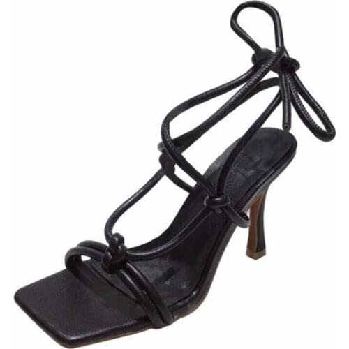 Vintage Square Toe Thin High Heel Women Sandals Square Toe PU Lace Up Front & Rear Strap sandal women shoes 2020 size 35-42