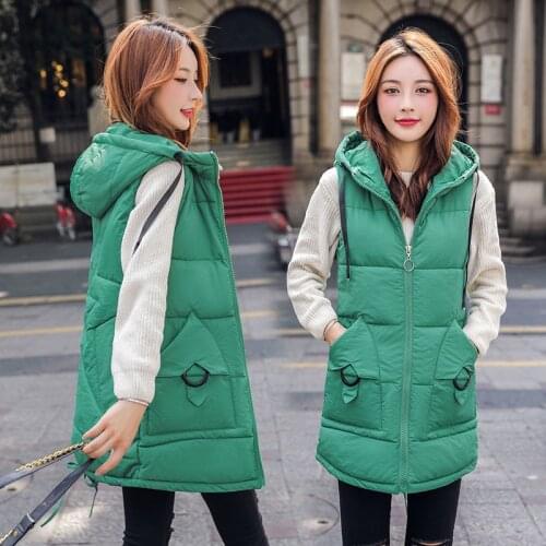 Women Cotton Hooded Warm Vest Big Pocket Jackets Coats Loose Casual Plus Size Thick Sleeveless Mid-Length Outerwear