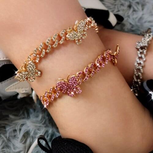 Flatfoosie Hip Hop Iced Out Butterfly Anklets Crystal Cuban Link Chain for Women Bling Rhinestone Anklet Bracelet Foot Jewelry