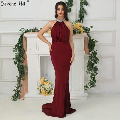Sexy Halter Burgundy Crystal Mermaid Evening Dresses 2020 Ruffles Formal Dress Party Gown Dubai Robe De Soiree BLA6612