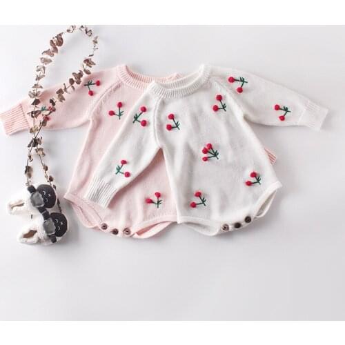 Winter Thick Baby Girls Knitted Romper Cherry Embroidery Long Sleeve Jumpsuit for Girls O-neck Toddler Children Overalls 0-24M