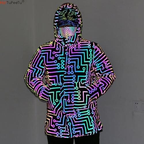 2021 New Winter Men Rainbow Reflective Jacket Circuit Print Long Hooded Cotton Coat with Pockets Plus Size Loose Hip Hop Outwear