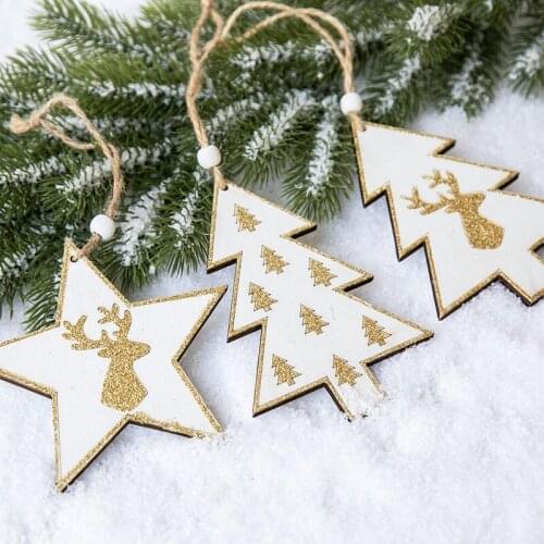 3Pcs Nordic Style Christmas Hanging Ornaments Wooden Silver Gold Glitter Tree Decorative Pendant for New Year Home Window Decor