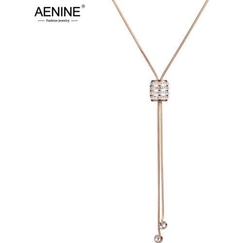 AENINE Stainless Steel Rose Gold Color 3D Hollow Cylinder Rhinestone Chain Necklace Sweater Chain Pendent Gift For Women AN18243