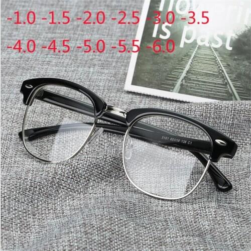 Black Frame Semi-Rimless Student Myopia Glasses With Degree Metal Square Nearsighted Spectacle Prescription -0.5 -1.0 To -6.0