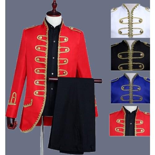 European Army Uniform Suit Men Two Piece Stand Collar Mens Red Stage Suits Jackets Wedding Grooms Singer Costumes Blazers DT1503