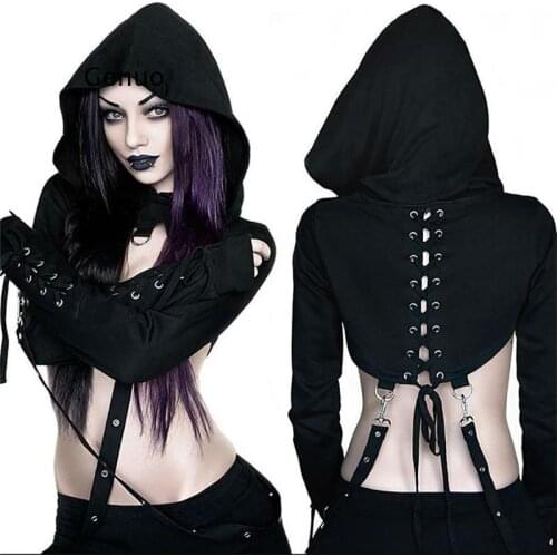 T Shirt Women Spring and Autumn Top Buttonhole Strap Hooded Long-Sleeved Dark Gothic Style Halloween Sweater Essentials Hoodie