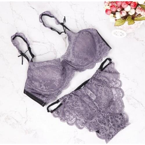 2018 breathable sexy bra lace transparent ultra-thin sponge push up white black purple young girl underwear bra set