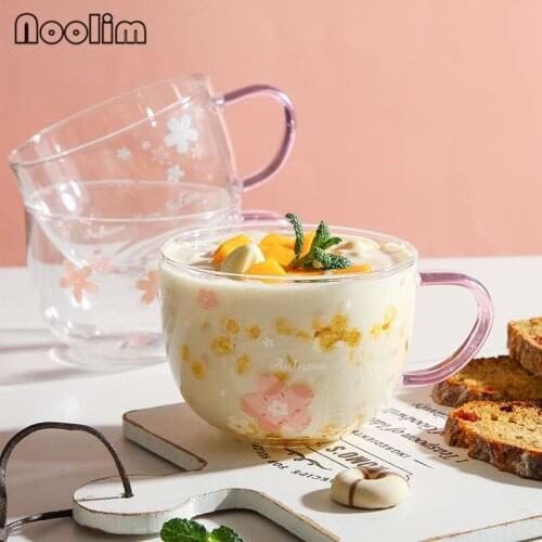 550ml Japanese Heat Resistant Glass Coffee Milk Mug With Spoon Cherry Blossoms Pattern Breakfast Oats Cup Home Kitchen Drinkware