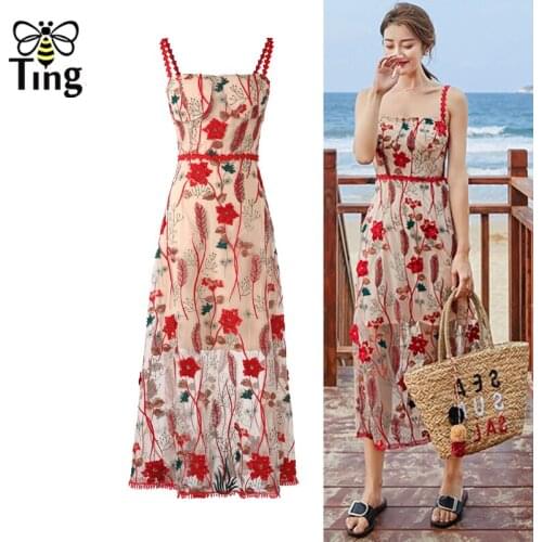 Tingfly 2019 Summer New France Chic Leaf Flower Embroidery Lace Dress Luxury Party Night Dresses Strap Midi Long Vestidos