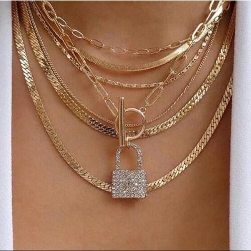 Layered Crystal Lock Chain Necklace 2021 Girls Cute Necklace Set Claviclel Chains Women Female Fashion Choker Neck jewelry