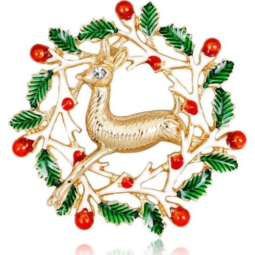 Fashion Rhinestone Inlaid Golden Deer Metal Brooch Pins Red Flower Green Leaves Enamel Coated Brooches Christmas Gift 2018 New