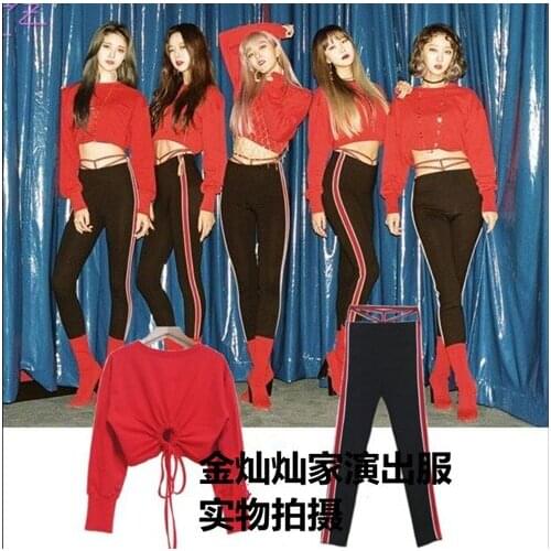 Kpop EXID Fashion Jazz dance show red lace-up long sleeved hoodies+sexy loose casual striped pants two piece set top and pants