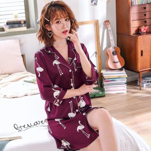 Spring Summer Nightdress Women Print Sleepshirts Short Sleeve Sleepwear Silk Nightwear Cute Nightshirts Satin Nightgowns