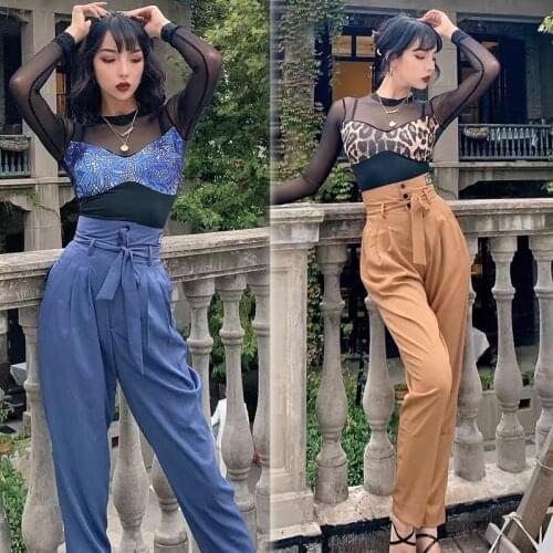 New Professional Sexy Leopard Practice Clothes New Latin Dance Tops For Women Long-Sleeved Shirts Ballroom Dance Clothes DQS6442