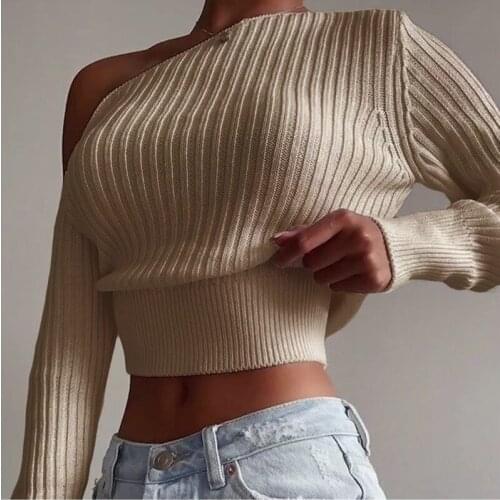 New Sexy Off Shoulder Women Sweater Jumper Long Sleeve Knitted Crop Tops Fashion Solid Pullover Sweaters Pull Femme Clothes Haut