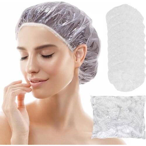 100PCS Disposable Shower Cap Waterproof Clear Plastic Bath Cap Hair Coloring Cap Sleep Night Cap Hair Styling Accessories