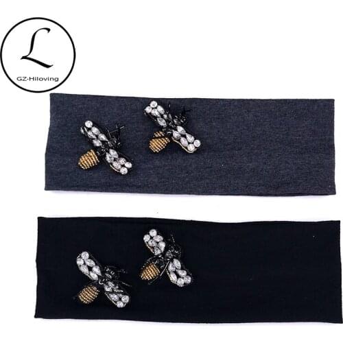 Popular Women Gold Rhinestone Bee Headbands Headwrap Casual Soft Cotton Stretch Hair Band Accessories For Ladies Party Turban