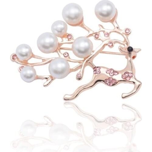 Christmas Brooch Pins Gold Rhinestone Deer Brooches For Women Enamel Pearl Elk Pins And Brooches Woman Jewelry Xmas Gift