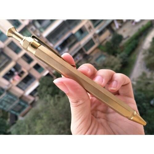 1PC Press Type Hexagonal Retro Brass Metal Pen Pencil With Pen Holder EDC Pocket Tool