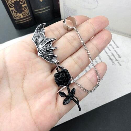 Punk Gothic Bat Single Bottle flower Black Rose Ear Stud Otica Chain Stud Earrings For Women Earrings Free Shipping VGE023